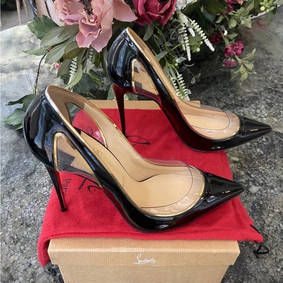 Christian Louboutin Cosmo Black Patent and Gold Euro 41 100mm Heels - Picture 3 of 8